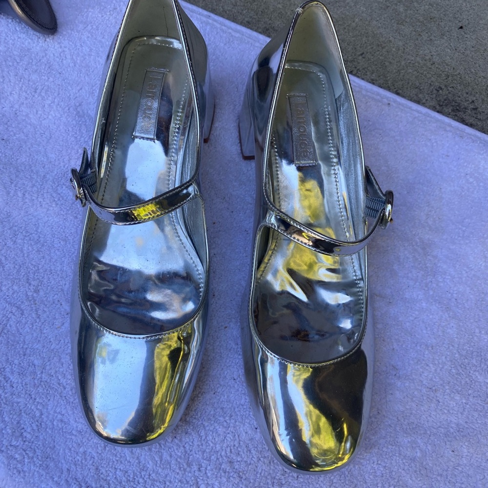 Larroude Metallic Silver Mary Jane Heels
